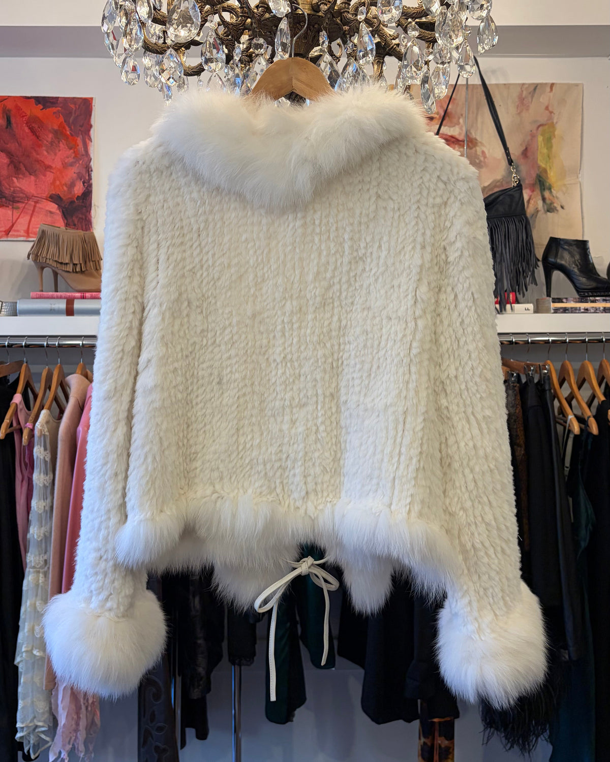 1990s Chaarm Rabbit Fur Cardigan with Contrasting Fur Trim
