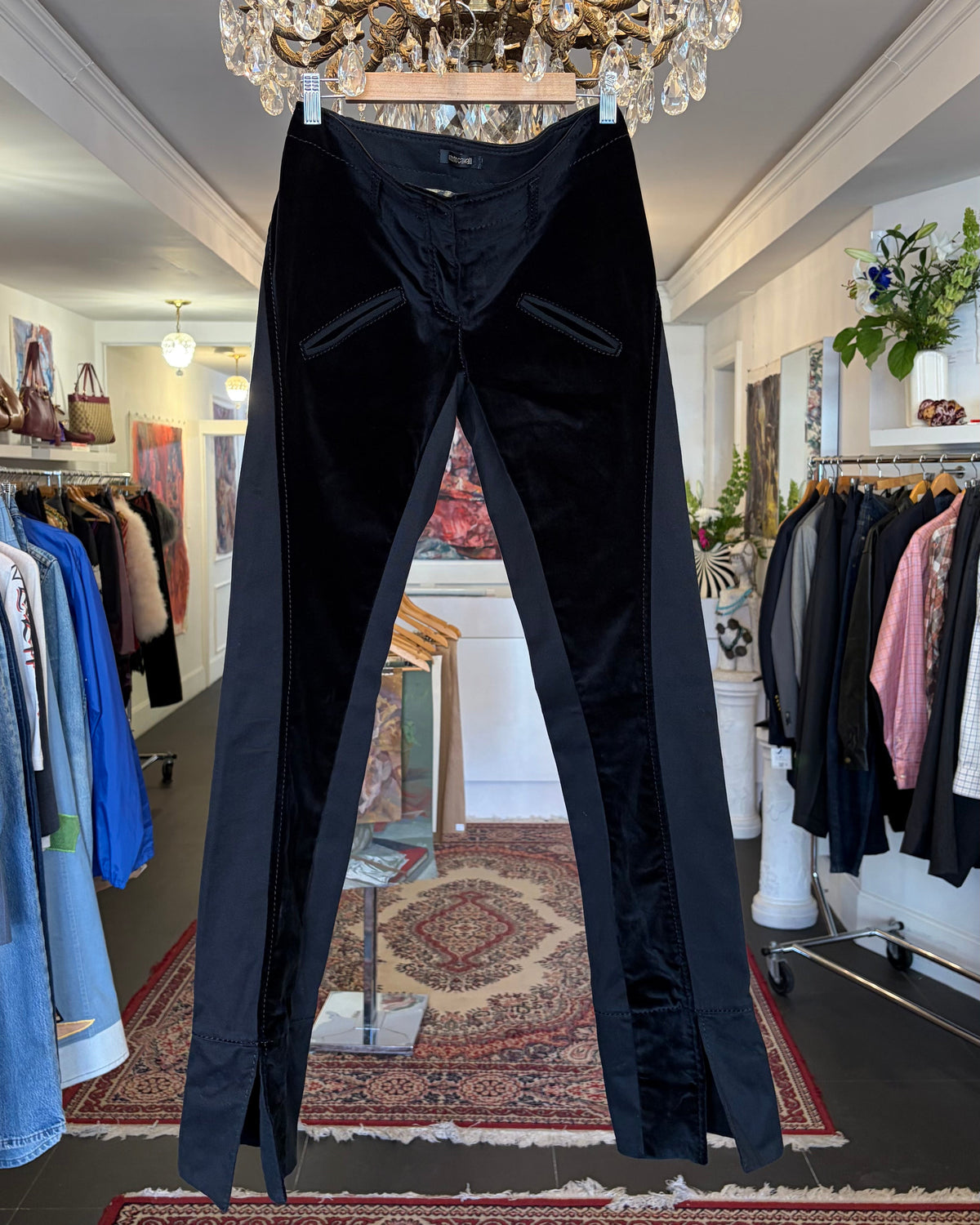 2000s Roberto Cavalli Black Velvet Panel Trousers