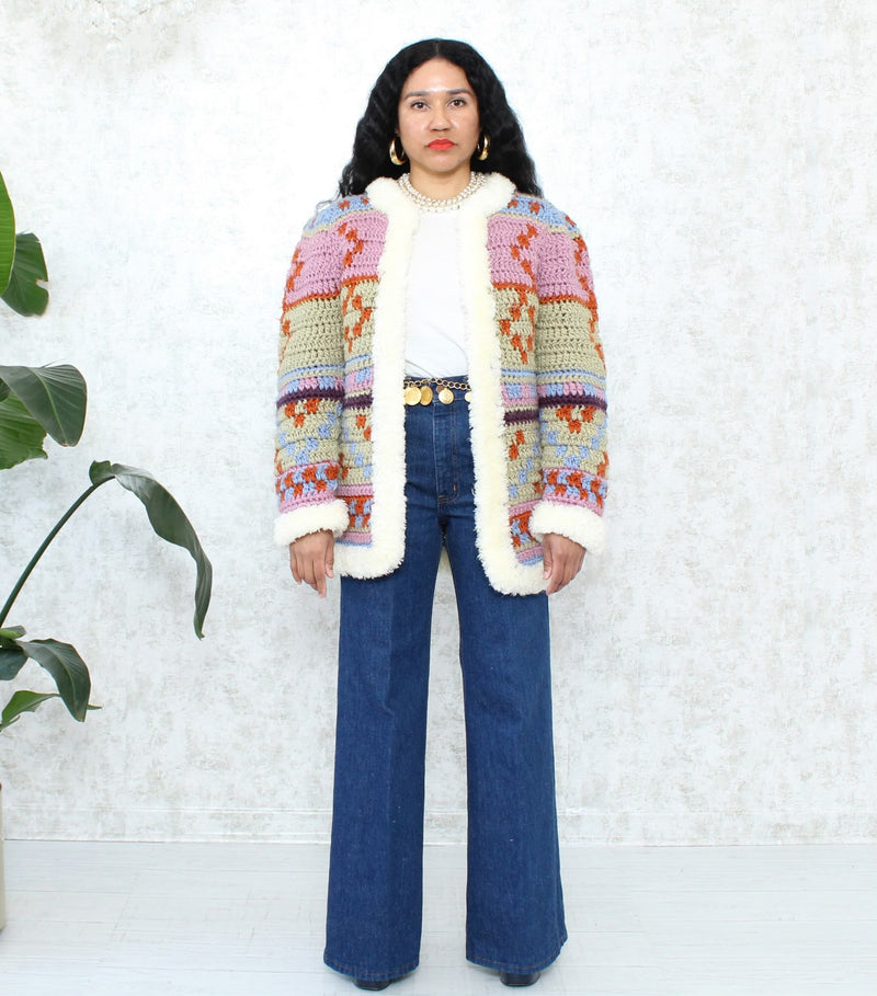 Stunning 1980s Aztec Cardigan w Shaggy Trim TELL THEM IT S VINTAGE