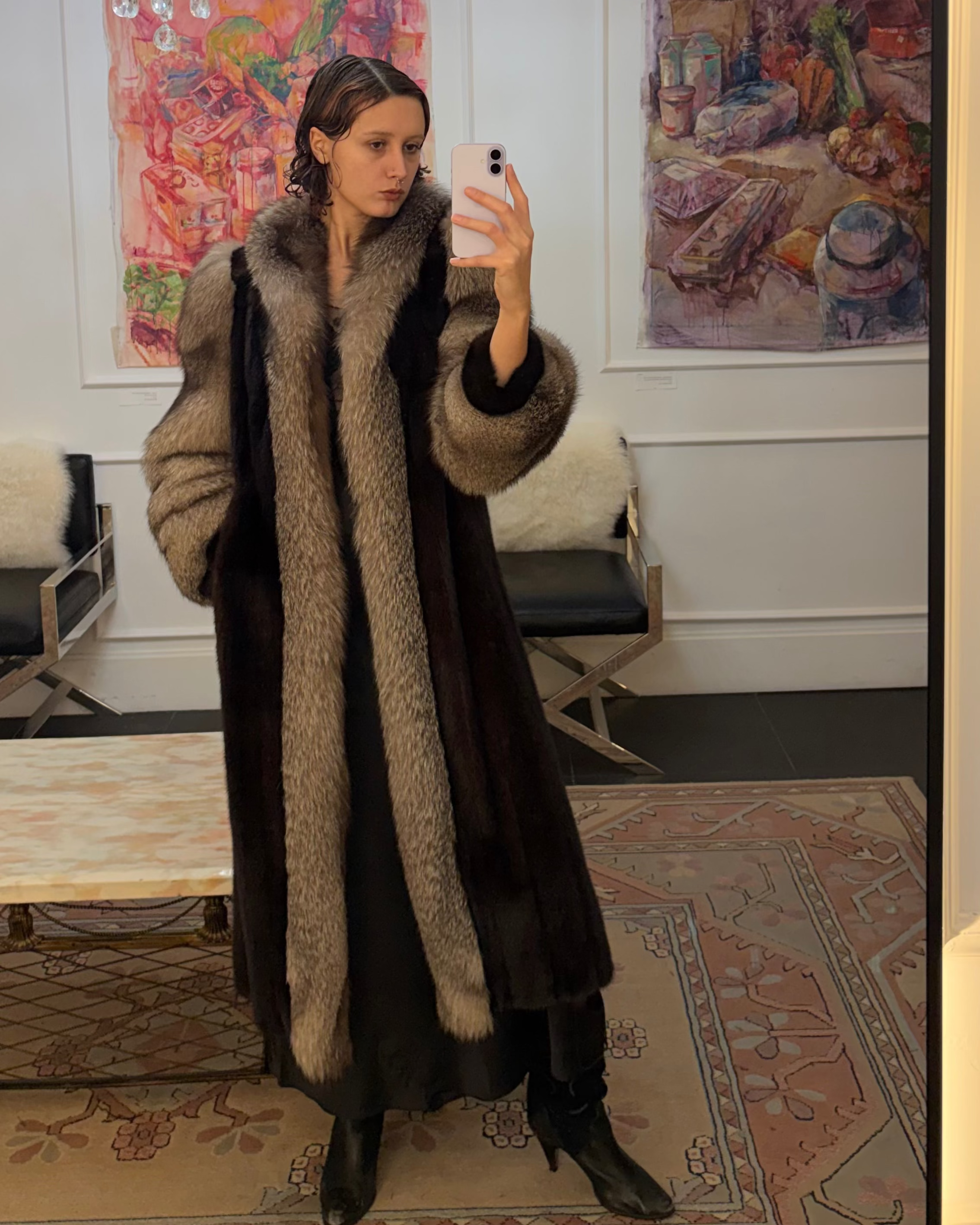 1970s Leonard Mink & Silver Fox Trim Full-Length Coat