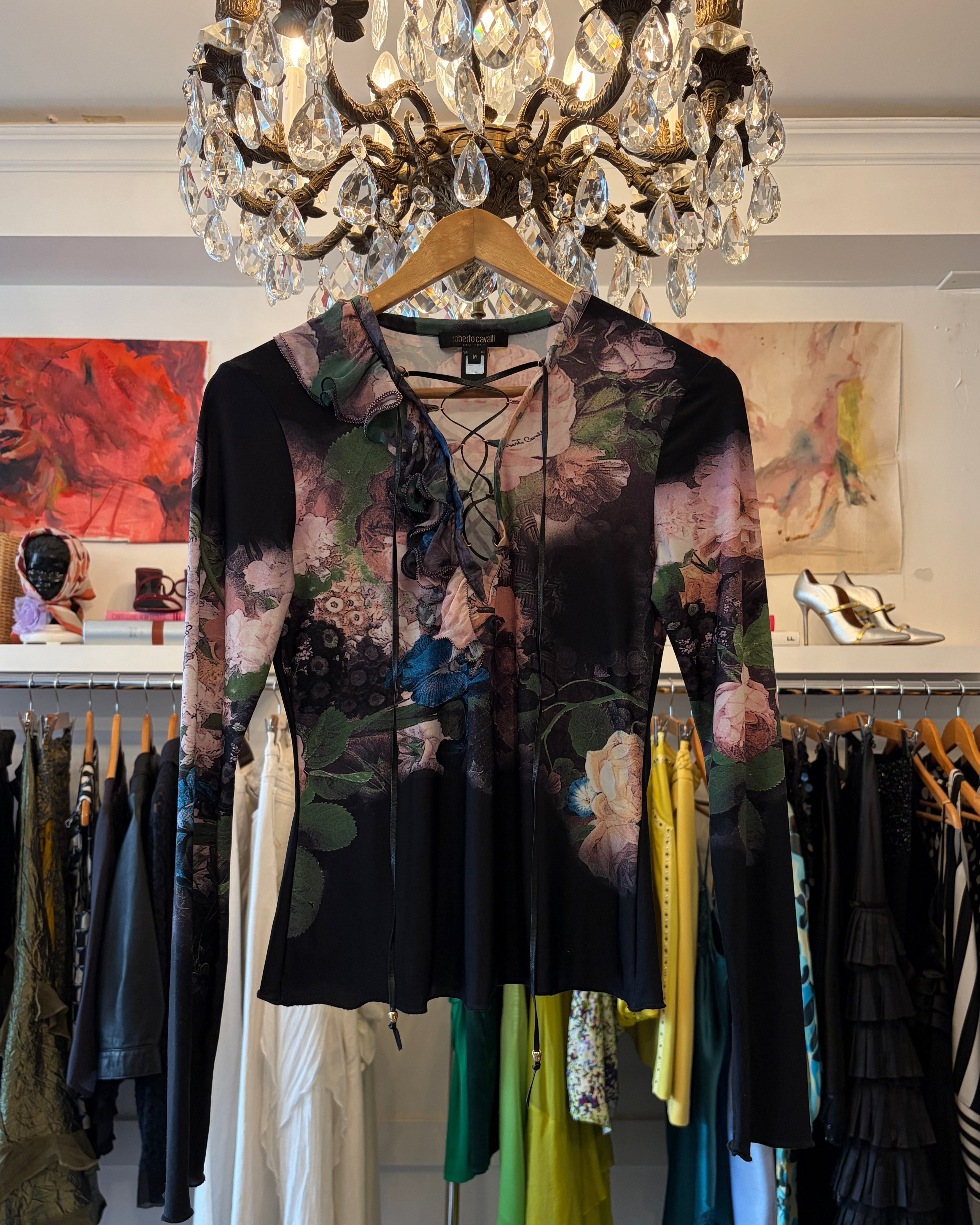 2005 Roberto Cavalli Floral Lace-Up Top