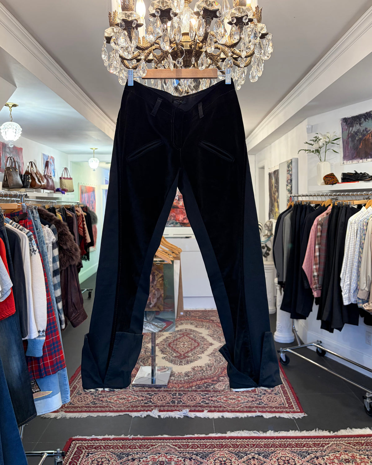 2000s Roberto Cavalli Black Velvet Panel Trousers