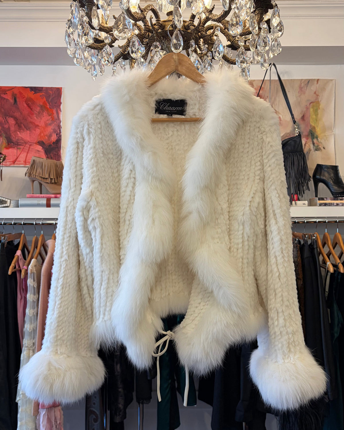 1990s Chaarm Rabbit Fur Cardigan with Contrasting Fur Trim