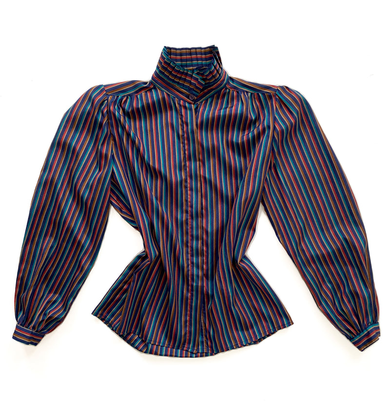 1980s High Neck Stripe Blouse