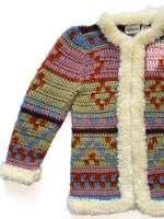 Stunning 1980s Aztec Cardigan w Shaggy Trim