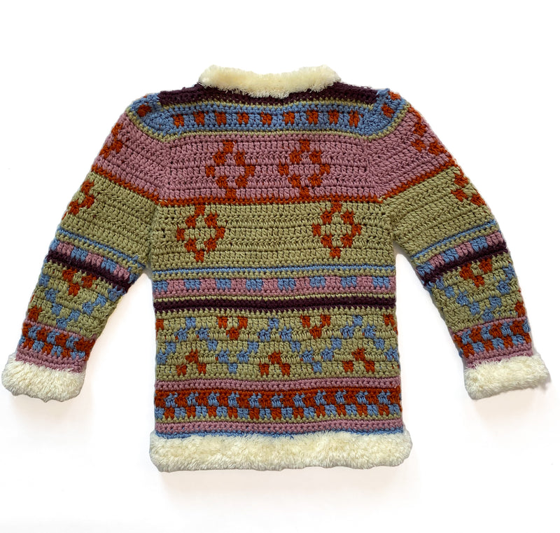 Stunning 1980s Aztec Cardigan w Shaggy Trim