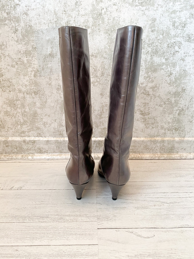 1980s Grey Metallic Tall Leather Boots