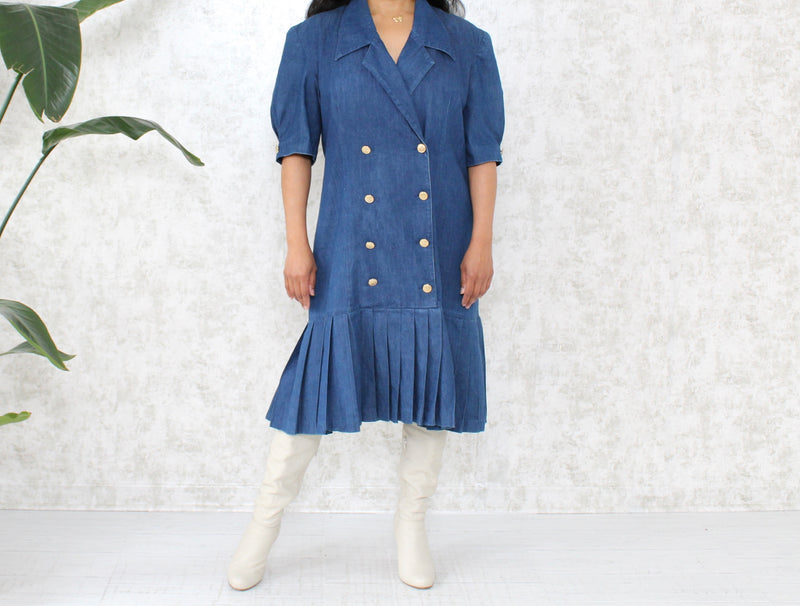 1980s Pleated Denim Midi Dress
