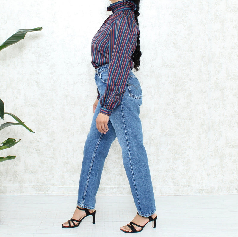 1980s High Neck Stripe Blouse