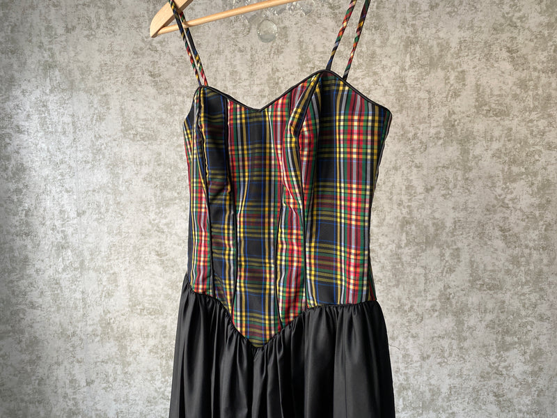 1980s Plaid + Black Taffeta Dress
