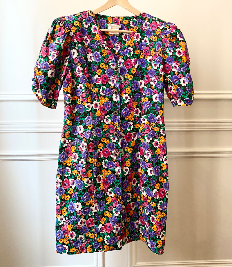 1980s Puff Sleeve Floral Dress