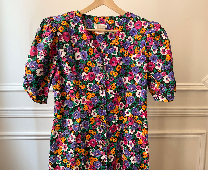 1980s Puff Sleeve Floral Dress