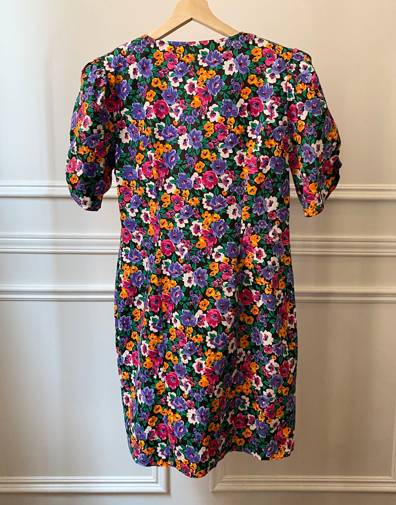 1980s Puff Sleeve Floral Dress
