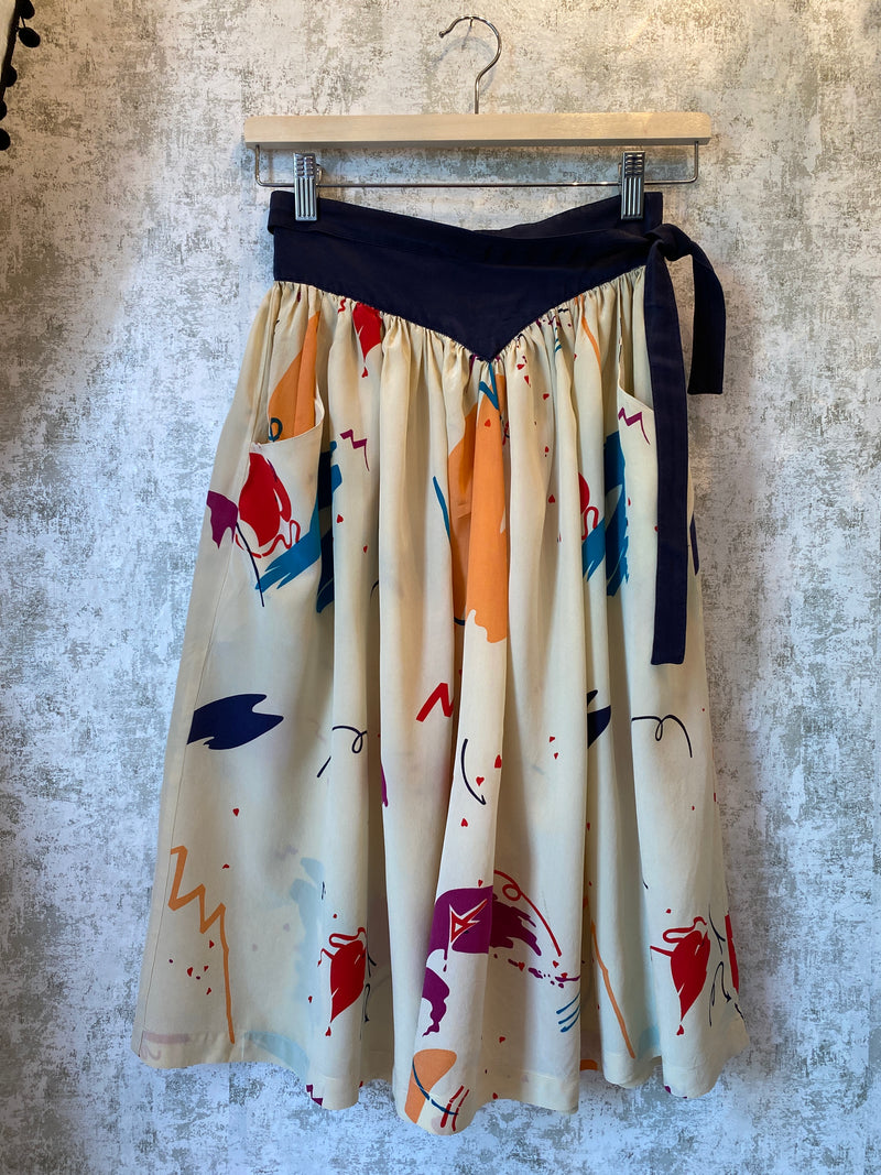 1980s Silk Abstract Print Midi Skirt