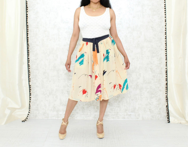 1980s Silk Abstract Print Midi Skirt