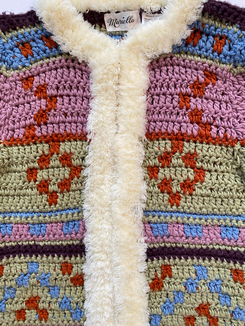 Stunning 1980s Aztec Cardigan w Shaggy Trim