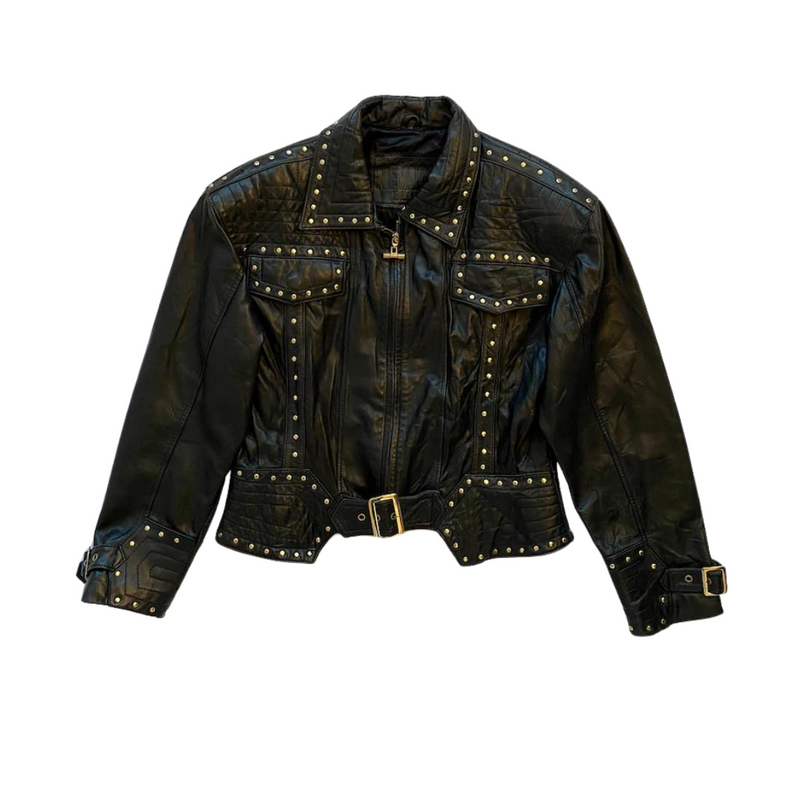 1980s Gold Stud Leather Jacket with Buckle