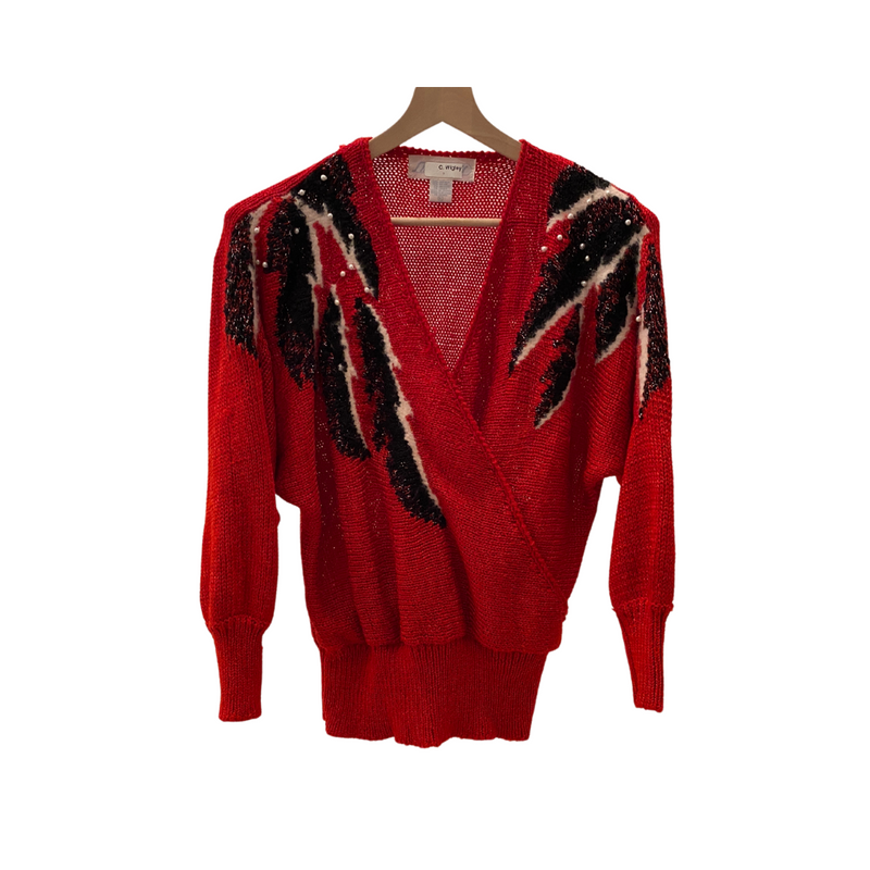 1980s Red Knit Pearl Sweater